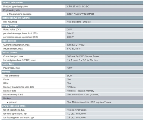 Оригинальный SIEMENS 6ES7288-1ST30-0AA1 S7-200 SMART CPU ST30 STANDARD CPU DC/DC/DC 18DI/12DO