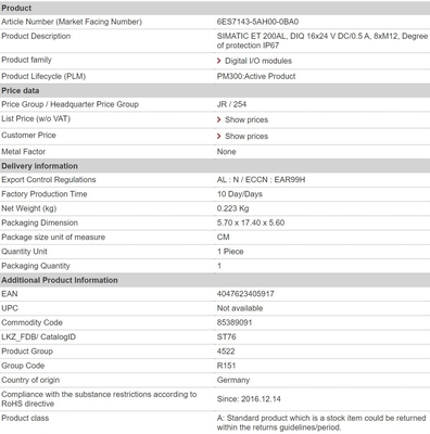 6ES7143-5AH00-0BA0 DIQ 16x24 V DC/0.5 A IP67 Siemens ET 200AL Модуль соединения с 1