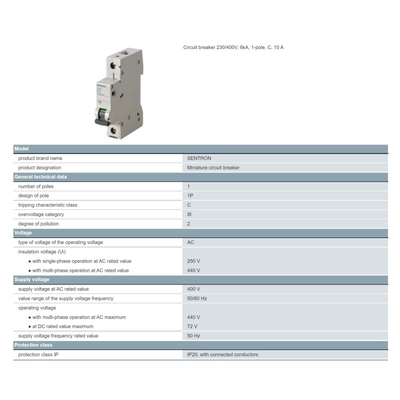 Siemens 5SN6110-7CN 230/400V 6kA однопольный выключатель C 10 A Чистая масса кг 0,261 кг