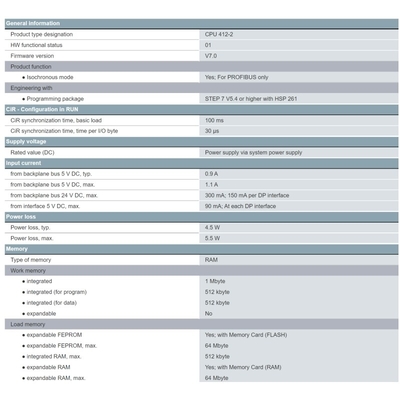 6ES7412-2XK07-0AB0 Оригинальная упаковка SIMATIC S7-400 CPU 412-2 с рабочей памятью 1MB